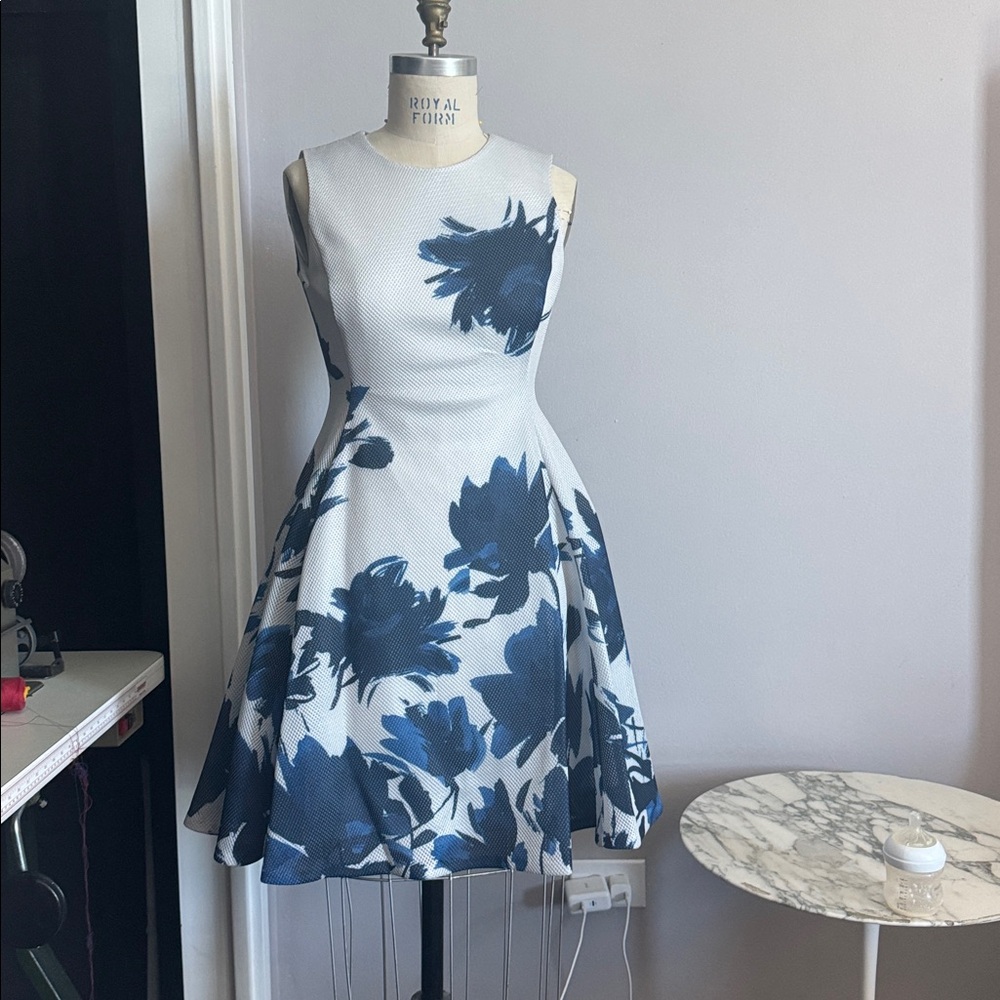 DKNY Textured White and Blue Floral Dress